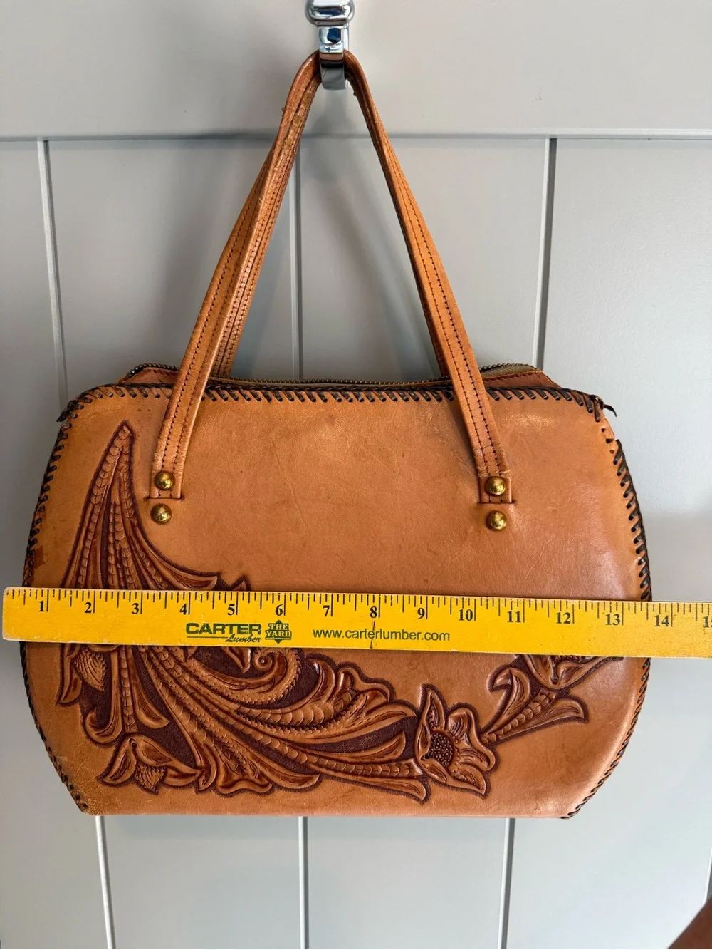 Vintage Hand Tooled Leather Purse Western Floral Carved Brown Barrel Bag Satchel - Picture 5 of 9